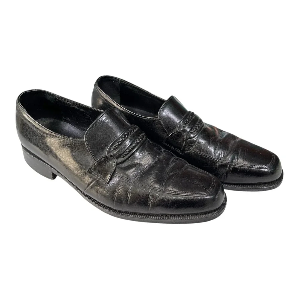 Florsheim 9.5 D Black Leather Loafers Braided Strap Apron Toe Dress Shoes 23258‎